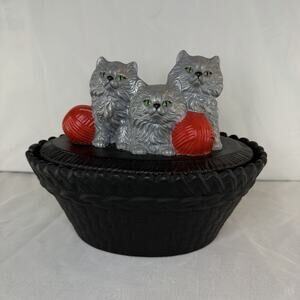 Vintage Ceramic Kittens And Yarn Basket Hand-painted Cookie Jar Felt Lined Matte